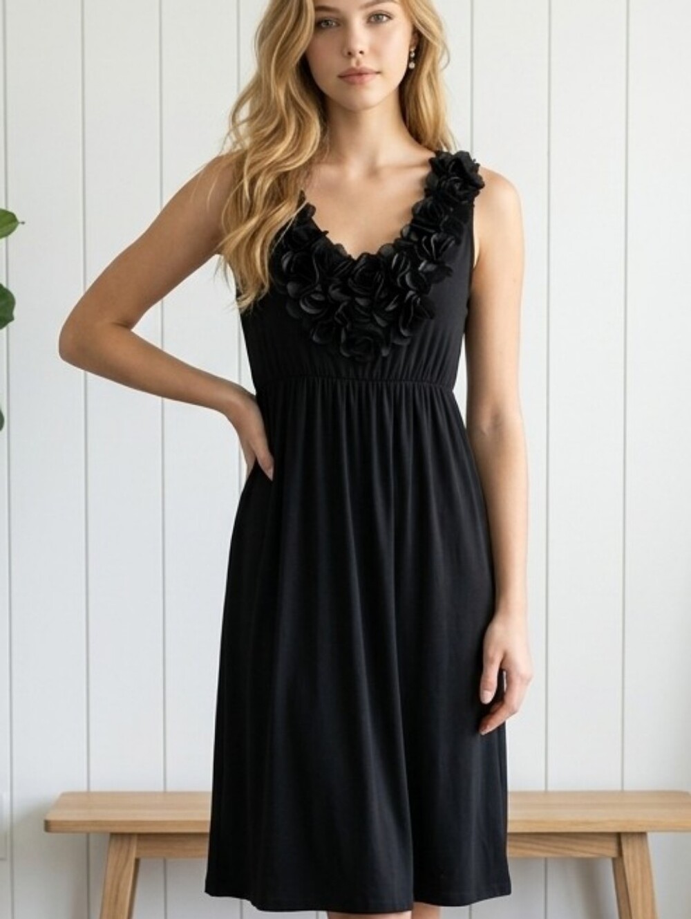 NWT Black‎ Sleeveless Dress with Floral Neckline,